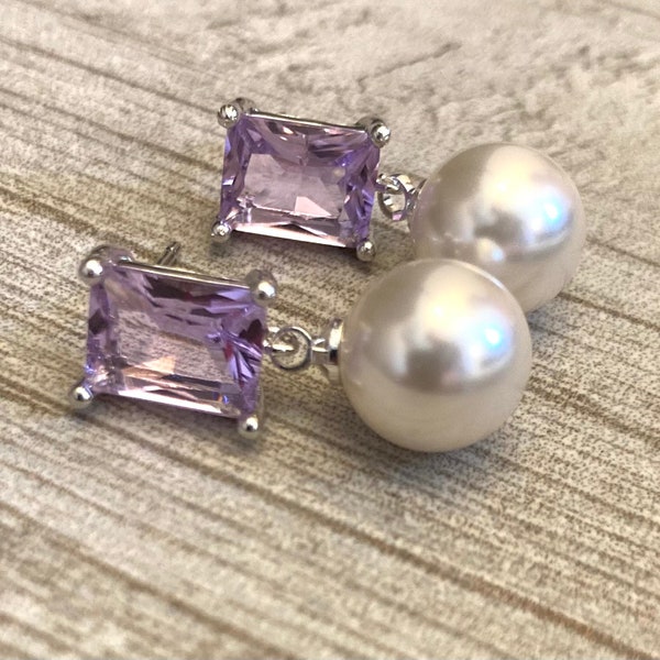 Lavender Pearl Earrings White Pearl and Purple Rhinestone Earrings with Emerald cut glass violet rhinestone post in silver for Spring