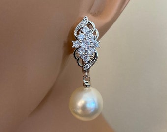 Elegant Pearl Earrings with CZ Rhinestone in Silver and Cream Ivory 12mm pearls wedding earrings mother of the bride mother of the groom