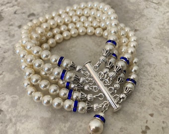 Pearl Bracelet with sapphire blue rhinestone spacers 5 strands crystal pearls royal blue rhinestones in silver wedding bracelet Gift for her