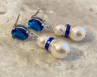 Pearl Earrings Royal Blue Rhinestone and White Crystal pearls something blue dainty earrings wedding jewelry gift or mother of the bride