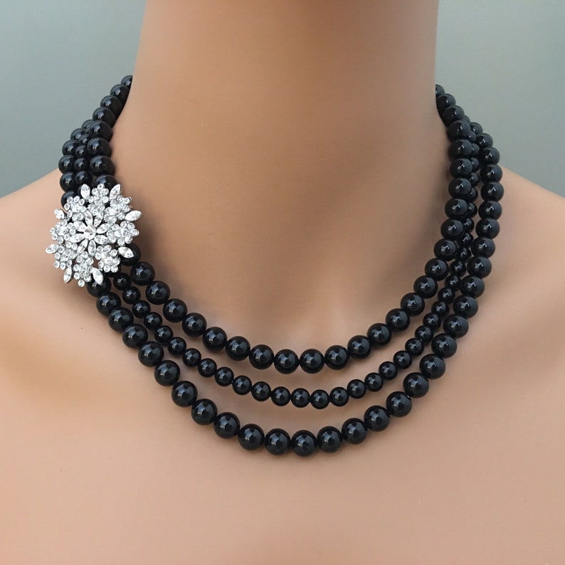 Complete Black Jewelry Set Pearl Necklace With Brooch Bracelet - Etsy