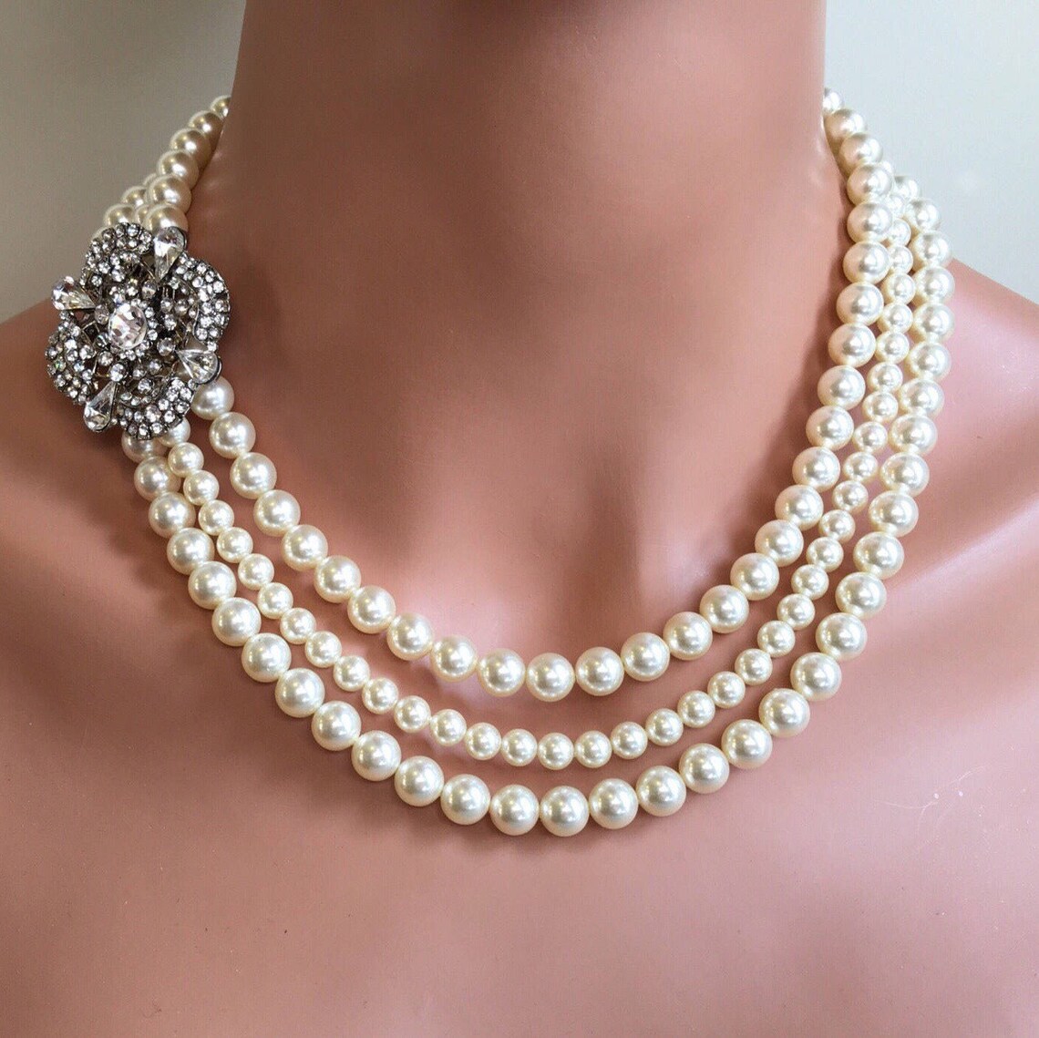 Pearl Necklace with Brooch Set in 3 multi strands of Swarovski Etsy