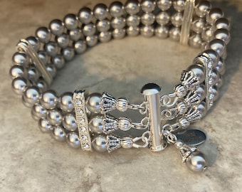 Gray Pearl Bracelet 3 strands of Light Grey Crystal pearls or your choice or color handmade bridal bracelet wedding  jewelry  gift for her