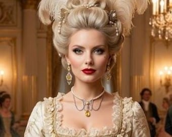 May include: A person with an elaborate blonde updo hairstyle adorned with white feathers and pearl accents. They wear a cream-colored gown with lace trim and floral details, paired with a pearl necklace featuring a yellow pendant and drop earrings.