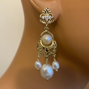 Long Pearl Earrings Real Freshwater pearls gold chandelier 18th Century Georgian earrings Historical jewelry wedding antique vintage wedding