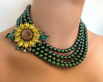 Pearl Necklace with Sunflower Brooch and Earrings with Scarabaeus Green crystal pearls and Rhinestone brooch Earrings included