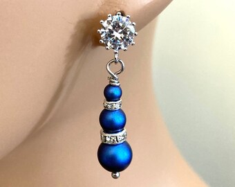 Royal Blue Earrings Long Pearl Dangle with Iridescent Blue and CZ Rhinestone posts and spacers in silver