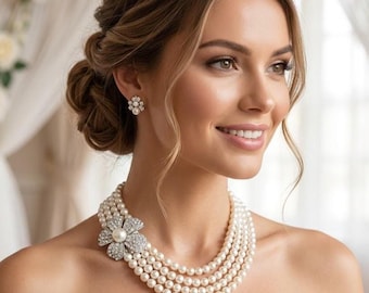 Pearl Statement Necklace with brooch in Silver or Gold 4 Multi Strands Crystal Pearls with rhinestone flower bridal wedding jewelry gift