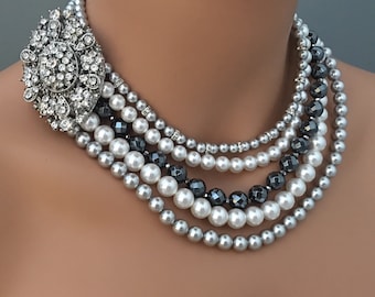 Statement Necklace Set: Swarovski Pearls, Rhinestone Brooch, by Alexi Blackwell Bridal Jewelry for wedding and special occasions great gifts