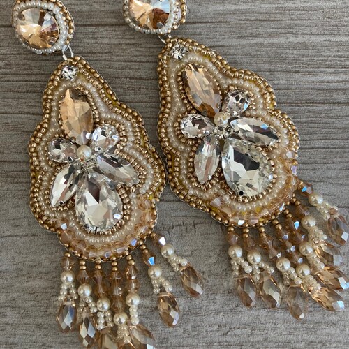 Champagne Wedding Earrings shops Long Statement Earrings Chandelier Earrings with Rhinestone shoulder dusters bridal earrings ivory pearl