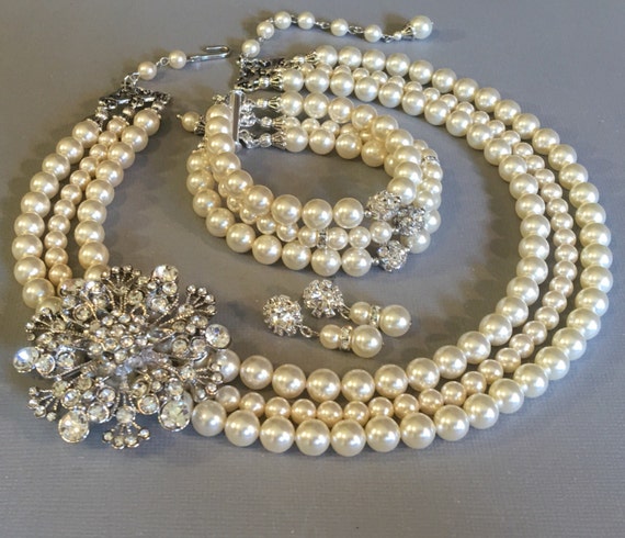 Complete Bridal Pearl Necklace Bracelet Earrings Set with | Etsy