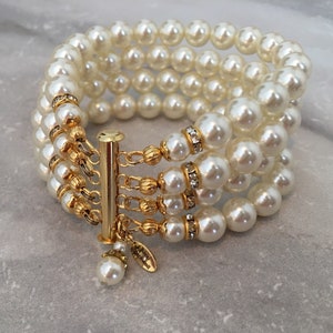 Pearl Bracelet in Gold and Ivory 4 multi strands Cream crystal pearls wedding bridal bracelet mother of the bride wedding bracelet bridal image 4