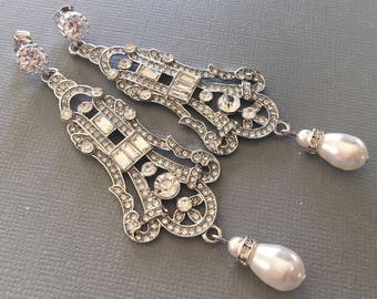 Long Art Deco Earrings Great Gatsby Earrings Rhinestone bridal earrings in silver with pearl white ivory flapper bridal wedding jewel