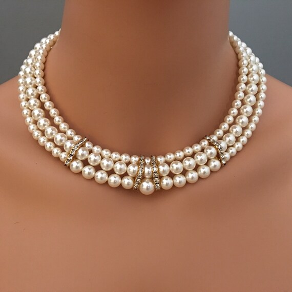 3 Strand Ivory Glass Pearl NecklaceBracelet Earrings Set