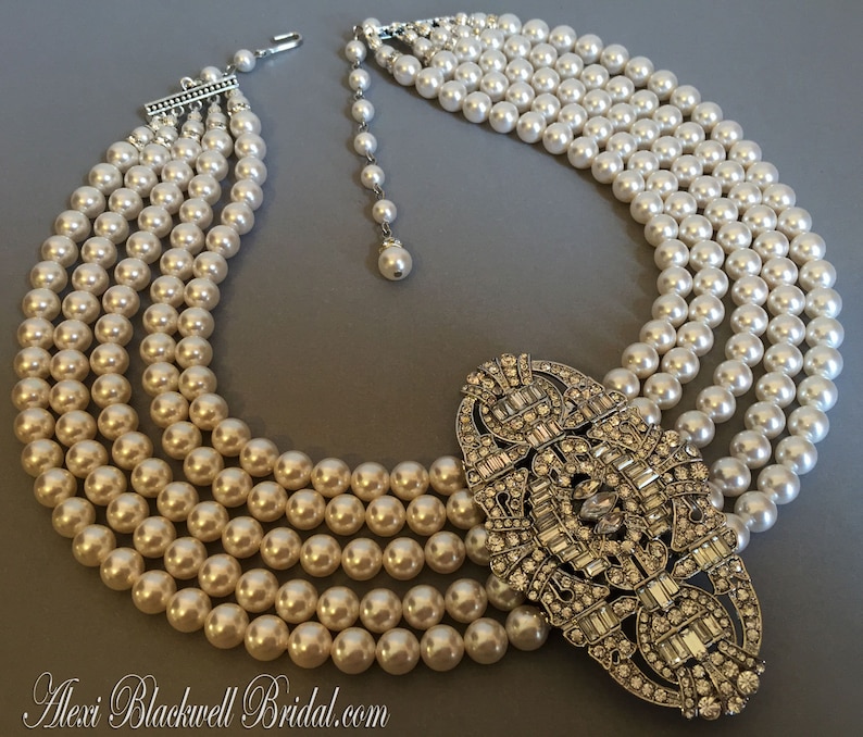 Pearl Statement Necklace with Brooch Art Deco 5 strands Crystal Pearls Great Gatsby necklaces Bridal Wedding jewelry Mother of the bride image 4