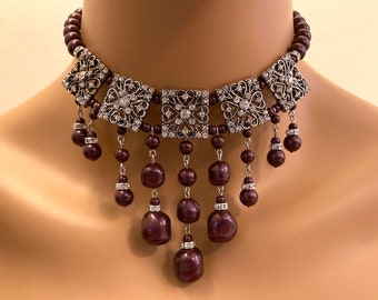 Art Deco Choker Necklace with Antique Silver Rhinestone accents Blackberry Burgundy pearls or your choice of color with pearl dangles