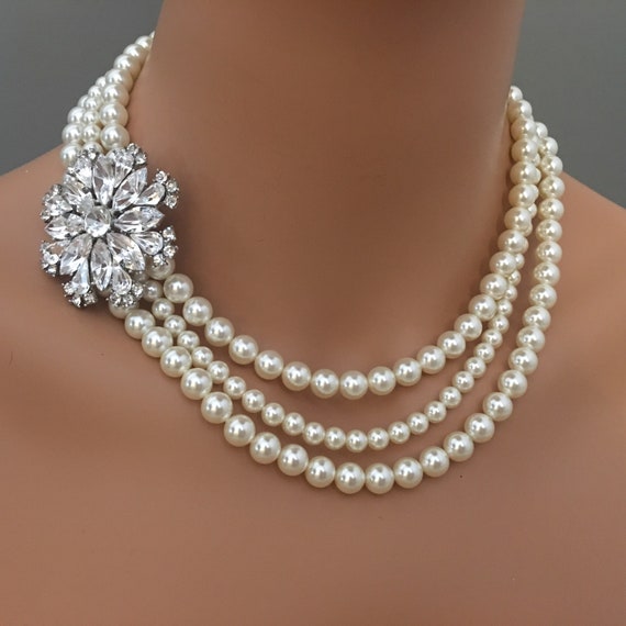 Pearl Necklace With Brooch 3 Strands 