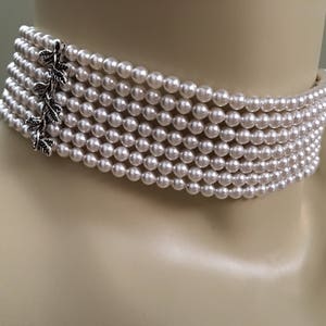 Pearl Choker Necklace Earrings Set 7 strands Swarovski pearls in white with backdrop and antique silver details Gifts for Her READY TO SHIP