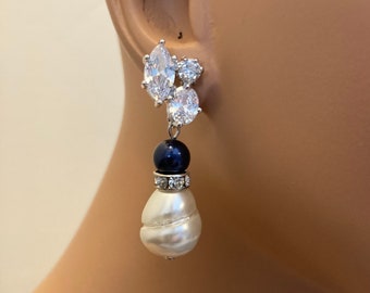 Baroque Pearl Earrings with Navy Blue and CZ Rhinestone earrings with white pearl navy blue earrings wedding jewelry mother of the bride