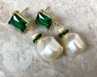 Emerald Green Earrings with Baroque Pearl and Green Rhinestone Gold post Emerald Green wedding earrings mother of the bride classic elegant