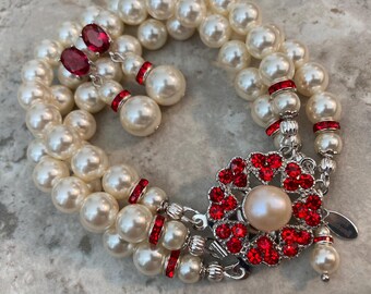 Red Bracelet Earrings Set  Cream Ivory Swarovski pearls and Red Rhinestone clasp size 8 Matching Earrings included Perfect Gift for her