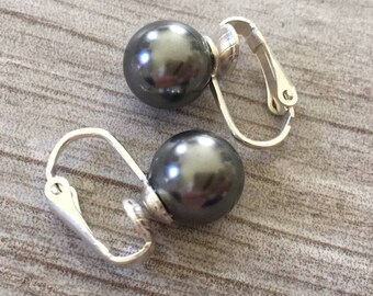 Gray Pearl Clip On Earrings with large 10mm Swarovski Pearls in Dark Grey, Light Grey Cream Ivory or White Silver tone clips wedding gifts