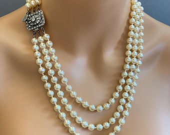 Long Pearl Necklace Art Deco Rhinestone Clasp with vintage hand knotted pearls in ivory Pearl Earrings included flapper necklace great gift