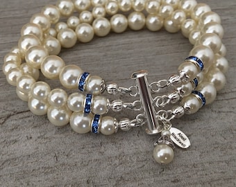 Something Blue Bracelet bridal bracelet in 3 strands of cream Ivory Swarovski pearls with sapphire blue rhinestone spacers in silver wedding