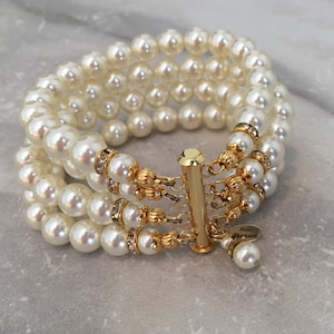 Pearl Bracelet in Gold and Ivory 4 multi strands Cream crystal pearls wedding bridal bracelet mother of the bride wedding bracelet bridal image 2