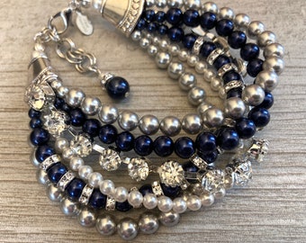 Navy Blue Bracelet Chunky Twisted 5 strands glass Pearls and Rhinestone chain custom made in Navy Gray Bracelet or your choice of color