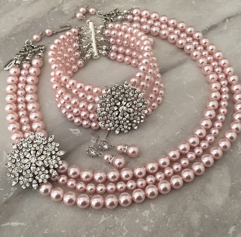 Complete Bridal Jewelry Set Blush Pink Pearl Necklace Bracelet Etsy