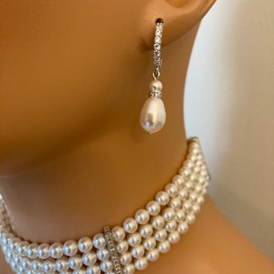 Shiny Colorful Cubic Zirconia 3 Rows Multi Layer Bridal Wedding Choker Necklace Earrings Jewelry Set for Women main image 0