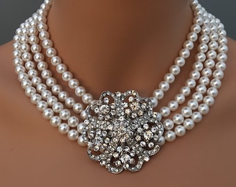 Audrey Necklace with Rhinestone Brooch 4 strands Statement Pearls Breakfast at movie Holly Golightly Bridal Shower gift