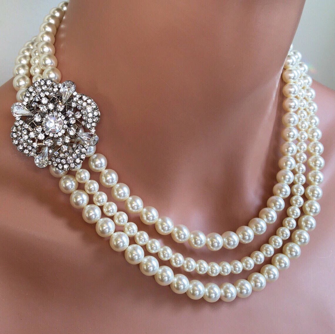 Pearl Necklace with Brooch Set in 3 multi strands of Swarovski Etsy
