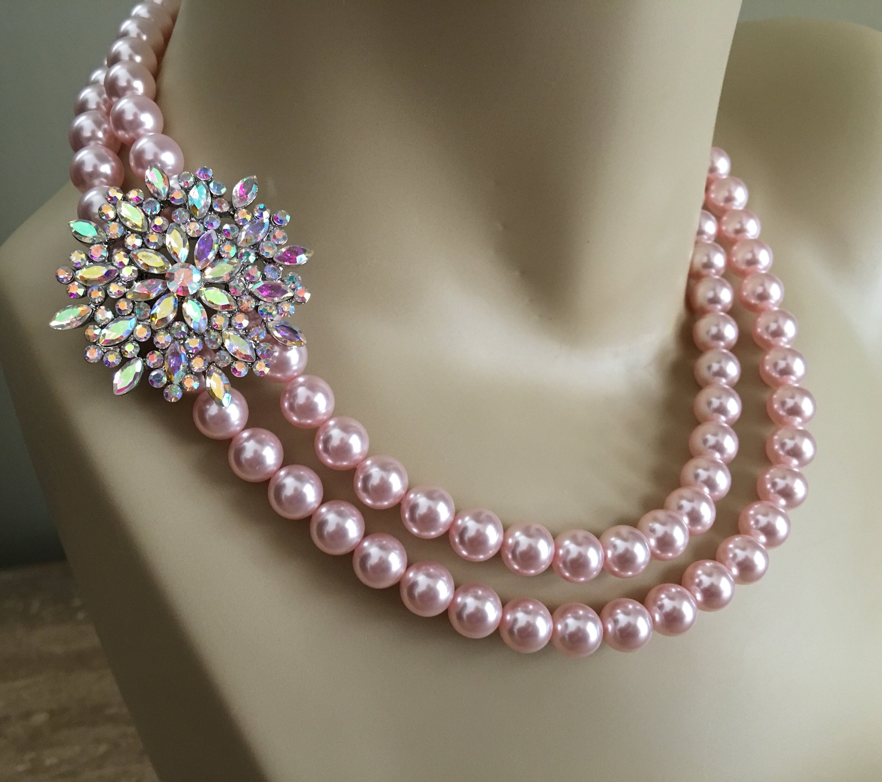 Complete Jewelry Set Blush Pink Pearl Necklace Bracelet Earrings