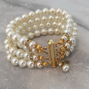 Pearl Bracelet in Gold and Ivory 4 multi strands Cream crystal pearls wedding bridal bracelet mother of the bride wedding bracelet bridal image 9