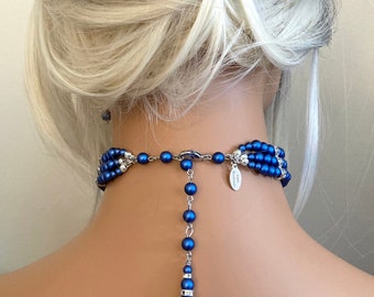 Royal Blue Pearl Choker Necklace Set 3 strand Iridescent Dark Blue crystal Pearls silver rhinestone Something Blue bridal wedding jewelry