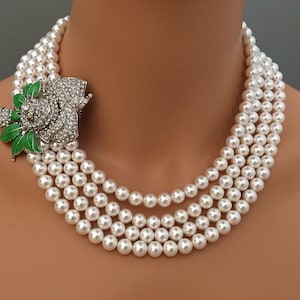 Pearl Necklace with flower Brooch and Earrings Rose or Sunflower Rhinestone Brooch silver or gold Birthday Gift pearls Garden Party gift