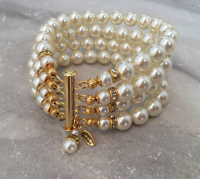 Pearl Bracelet in Gold and Ivory 4 multi strands Cream crystal pearls wedding bridal bracelet mother of the bride wedding bracelet bridal image 7