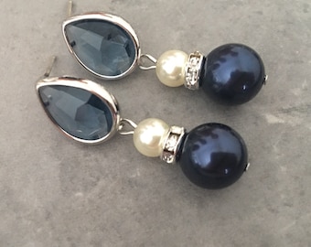 Navy Blue Earrings with Blue Rhinestone Earrings Posts in Montana Blue Navy and clear rhinestone spacers silver finish ivory Swarovski pearl