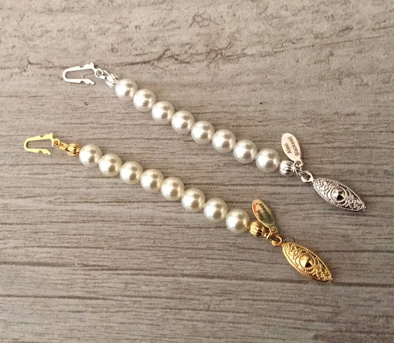 Necklace Extender Pearl Smaller Fish Hook Clasp Gold or Silver Cream Ivory  or White Glass Pearls to Lengthen Necklaces 13mm X 7mm Clasp 