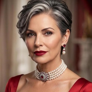 May include: A person with short, layered dark hair featuring prominent silver-gray highlights. They are wearing a multi-strand pearl choker necklace with a central ruby and diamond clasp, and matching drop earrings with rubies and pearls.