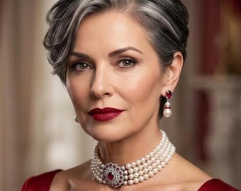 Art Deco Pearl Choker Necklace & Earrings Set Ruby Red Rhinestone Focal Vintage Style Wedding Jewelry mother of the bride gift gifts for her