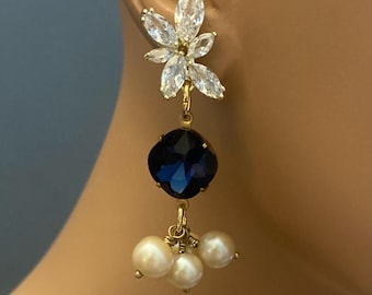 Long Pearl Earrings Navy Blue Rhinestone with Champagne vintage pearls wire wrapped on Gold Navy Blue and CZ posts mother of the bride