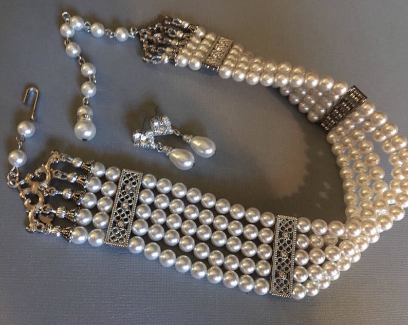 Pearl Choker Necklace 5 Multi Strands Crystal Pearls in White Etsy