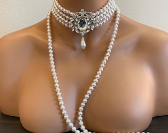Marie Antoinette Necklace Pearl Choker with Rhinestone Brooch and Teardrop Pearl dangle 5 strand choker and long strand of pearls Victorian