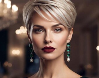 Emerald Green Earrings with White Pearl dangle Long Emerald wedding earring pearl earrings and faux emerald glass stones and  pearls bridal