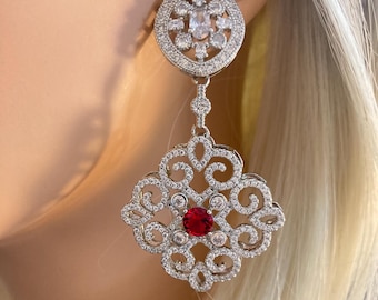 Art Deco Rhinestone Earrings with Ruby Red and Clear rhinestones in silver tone beautiful long wedding earrings or formal party jewelry