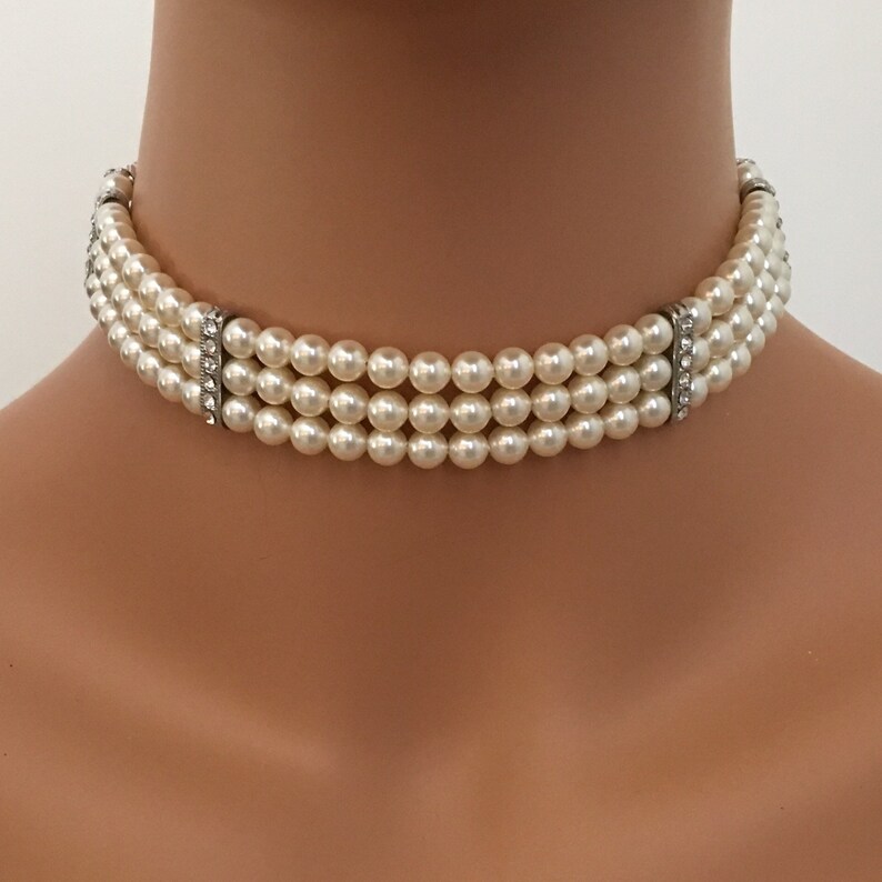 Pearl Choker Necklace Set 3 Strands Ivory Crystal Glass Pearls Etsy 