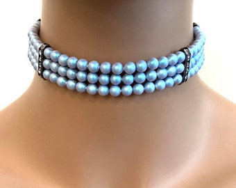 Pearl Choker Necklace Set 3 strands Iridescent Light Blue Swarovski Pearls in gunmetal silver rhinestone Pearl Choker bridal wedding jewelry